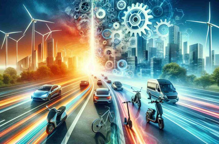 A high-definition image symbolizing the expanding horizons of the electric mobility sector. The scene should be defined by innovation, forward-thinking views, and sustainability. It could depict a variety of electric transport options, from cars and bicycles to scooters and buses, evolving within a modern cityscape. The image should also represent the concept of 'Revolutionizing', maybe through a stylistic visual representation of transformation or progress, like a gear, a lightning bolt, or futuristic technology elements. Use bright, eye-catching colors to exemplify the vibrant, energetic nature of the sector.