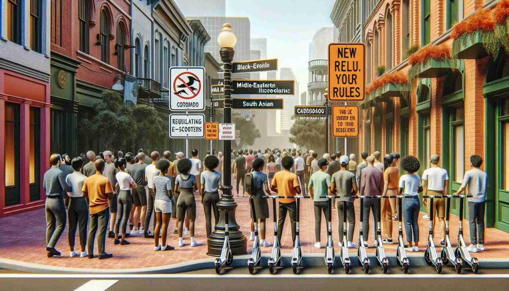 Realistic, high-definition image of an urban scene in a tourist area where new regulations for e-scooters are being implemented in Coronado. The scene should depict vivid signage indicating the new rules, alongside neatly parked e-scooters awaiting their riders. Nearby, tourists of different genders and multiple descents such as Black, Hispanic, Middle-Eastern, South Asian, White, and Caucasian are depicted, all complying with the regulations while enjoying their visit.