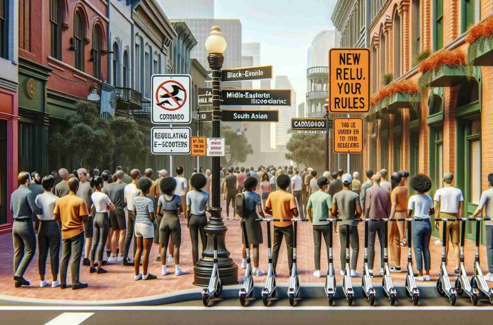 Realistic, high-definition image of an urban scene in a tourist area where new regulations for e-scooters are being implemented in Coronado. The scene should depict vivid signage indicating the new rules, alongside neatly parked e-scooters awaiting their riders. Nearby, tourists of different genders and multiple descents such as Black, Hispanic, Middle-Eastern, South Asian, White, and Caucasian are depicted, all complying with the regulations while enjoying their visit.