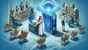 Create a detailed, high-definition illustration that brings to life the concept of 'The Rise of Quantum Computing in E-commerce'. The image should depict a futuristic e-commerce setting where quantum computers are being used. Let's see a strikingly advanced quantum computer being operated by a Middle Eastern male and a Caucasian female, both wearing professional attire. Inject elements of e-commerce, such as carts overflowing with diverse goods, and digital terminals displaying binary codes to symbolise transactions. The environment should feel cutting-edge and high-tech, with an air of progress and innovation.