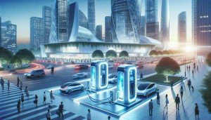 A high-definition, realistic image showcasing futuristic charging stations nestled within a bustling urban cityscape. The advanced technology boasts a blend of sleek, modern designs with eco-friendly features and shows vehicles being efficiently powered. Cool blue hues emanate from the charging stations, indicating their active state. Gleaming skyscrapers tower in the backdrop while people of various descents and genders stroll around the area, displaying the inclusive and bustling nature of the urban setting.