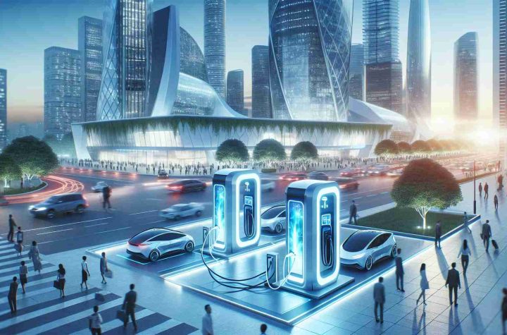 A high-definition, realistic image showcasing futuristic charging stations nestled within a bustling urban cityscape. The advanced technology boasts a blend of sleek, modern designs with eco-friendly features and shows vehicles being efficiently powered. Cool blue hues emanate from the charging stations, indicating their active state. Gleaming skyscrapers tower in the backdrop while people of various descents and genders stroll around the area, displaying the inclusive and bustling nature of the urban setting.