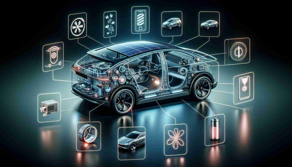 A high definition, realistic image showcasing new innovations in electric vehicle technology. This could include a modern electric vehicle with features such as solar panels, wireless charging capabilities, advanced regenerative braking systems, a high-speed charging port, a sophisticated battery management system, and eco-friendly materials used in the design. It could also highlight interior advancements like an interactive touchscreen infotainment system, voice-activated controls, and connectivity features. Various parts of the electric vehicle where these innovations are installed should be emphasized.