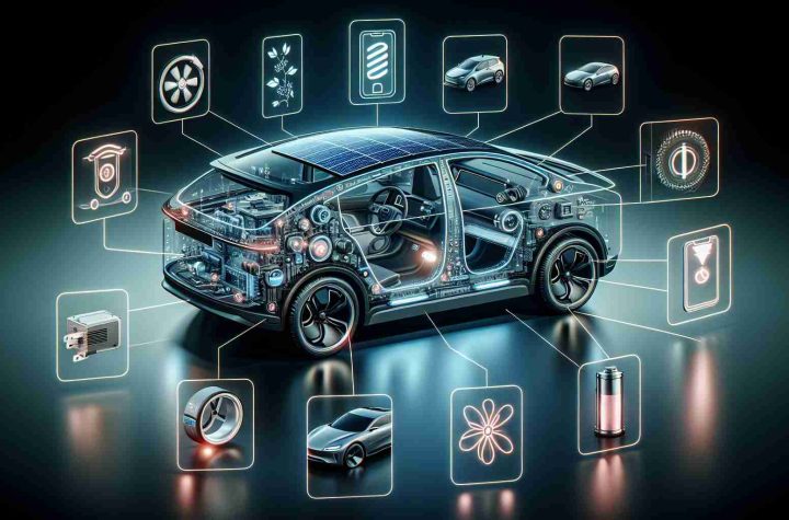 A high definition, realistic image showcasing new innovations in electric vehicle technology. This could include a modern electric vehicle with features such as solar panels, wireless charging capabilities, advanced regenerative braking systems, a high-speed charging port, a sophisticated battery management system, and eco-friendly materials used in the design. It could also highlight interior advancements like an interactive touchscreen infotainment system, voice-activated controls, and connectivity features. Various parts of the electric vehicle where these innovations are installed should be emphasized.