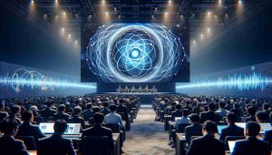 A high-definition, realistic photograph representing the Quantum Breakthroughs by IBM showcased at a Quantum Technology Conference. The imagery should clearly convey advanced technology, quantum science symbols, and the serious, professional ambiance of a tech conference. Perhaps the image could feature the conference stage displaying presentations on quantum advancements with attendees carefully listening. Please ensure the image captures the essence of the excitement and progress in the field of quantum technology.