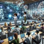 An accurate and realistic representation of a new era in quantum physics education. The image should show an innovative and technologically advanced classroom, with virtual reality headsets and holograms of quantum particles. Students of diverse descents such as Asian, Caucasian, Hispanic, Black, Middle-Eastern, and South Asian should be present, all equally engaged in the learning process. The teacher, an African descent female, could be interacting with a large touchscreen board displaying complex quantum physics formulas and principles. The overall environment should be lively, full of energy and wonder, a true testament to the possibilities of advanced education in the 21st Century.