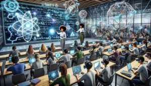 An accurate and realistic representation of a new era in quantum physics education. The image should show an innovative and technologically advanced classroom, with virtual reality headsets and holograms of quantum particles. Students of diverse descents such as Asian, Caucasian, Hispanic, Black, Middle-Eastern, and South Asian should be present, all equally engaged in the learning process. The teacher, an African descent female, could be interacting with a large touchscreen board displaying complex quantum physics formulas and principles. The overall environment should be lively, full of energy and wonder, a true testament to the possibilities of advanced education in the 21st Century.