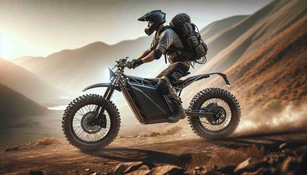 Generate a high-definition, realistic image of an ultimate off-road electric bike perfect for adventure riding. The bike should have ample suspension, knobby tires for superior traction, a powerful electric motor and a robust frame able to withstand rough terrains. It should ideally be placed in a rugged landscape, demonstrating its off-road capabilities. A Caucasian male rider, wearing a helmet, protective gear, and carrying a backpack, is straddling the seat, ready to take off on the next adventure.