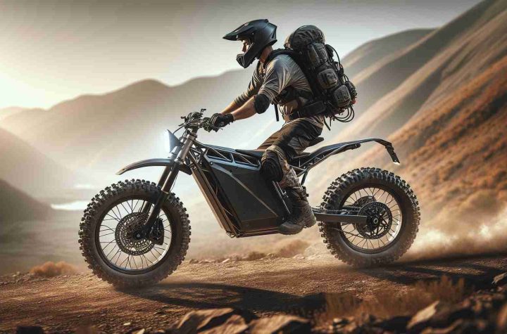 Generate a high-definition, realistic image of an ultimate off-road electric bike perfect for adventure riding. The bike should have ample suspension, knobby tires for superior traction, a powerful electric motor and a robust frame able to withstand rough terrains. It should ideally be placed in a rugged landscape, demonstrating its off-road capabilities. A Caucasian male rider, wearing a helmet, protective gear, and carrying a backpack, is straddling the seat, ready to take off on the next adventure.