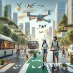 A high-definition, realistic image displaying an eco-friendly urban commuting scene. Imagine a bustling cityscape with dedicated cycling lanes, pedestrians briskly walking on broad walkways, and the sky adorned with hovering drones transporting goods. Electric buses are taking a turn at intersections while solar-powered cars whizz by. In the foreground, focus on a young Middle-Eastern man and an Asian woman riding e-scooters with helmets on, their bags hanging from the handlebars. Lush trees line the roads as rooftop gardens stand visible in the background. Digital signs advocate for eco-conscious commuting choices.