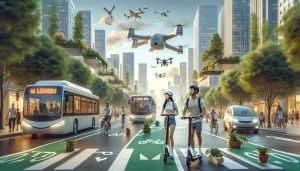 A high-definition, realistic image displaying an eco-friendly urban commuting scene. Imagine a bustling cityscape with dedicated cycling lanes, pedestrians briskly walking on broad walkways, and the sky adorned with hovering drones transporting goods. Electric buses are taking a turn at intersections while solar-powered cars whizz by. In the foreground, focus on a young Middle-Eastern man and an Asian woman riding e-scooters with helmets on, their bags hanging from the handlebars. Lush trees line the roads as rooftop gardens stand visible in the background. Digital signs advocate for eco-conscious commuting choices.