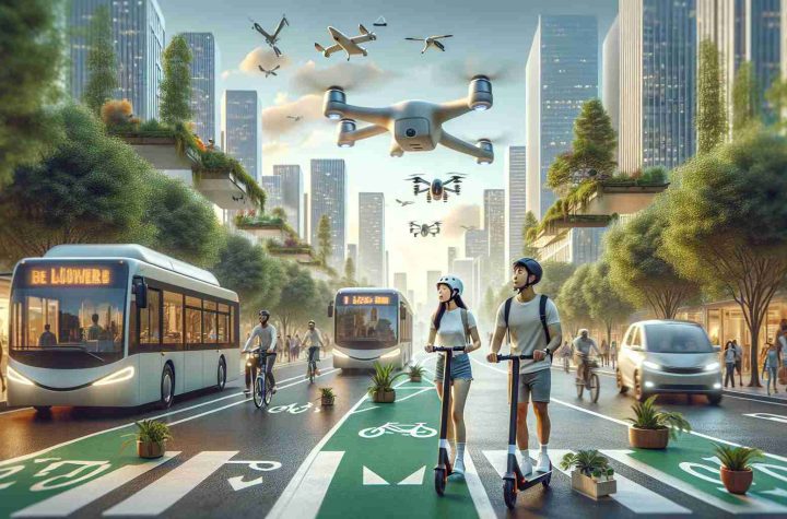 A high-definition, realistic image displaying an eco-friendly urban commuting scene. Imagine a bustling cityscape with dedicated cycling lanes, pedestrians briskly walking on broad walkways, and the sky adorned with hovering drones transporting goods. Electric buses are taking a turn at intersections while solar-powered cars whizz by. In the foreground, focus on a young Middle-Eastern man and an Asian woman riding e-scooters with helmets on, their bags hanging from the handlebars. Lush trees line the roads as rooftop gardens stand visible in the background. Digital signs advocate for eco-conscious commuting choices.