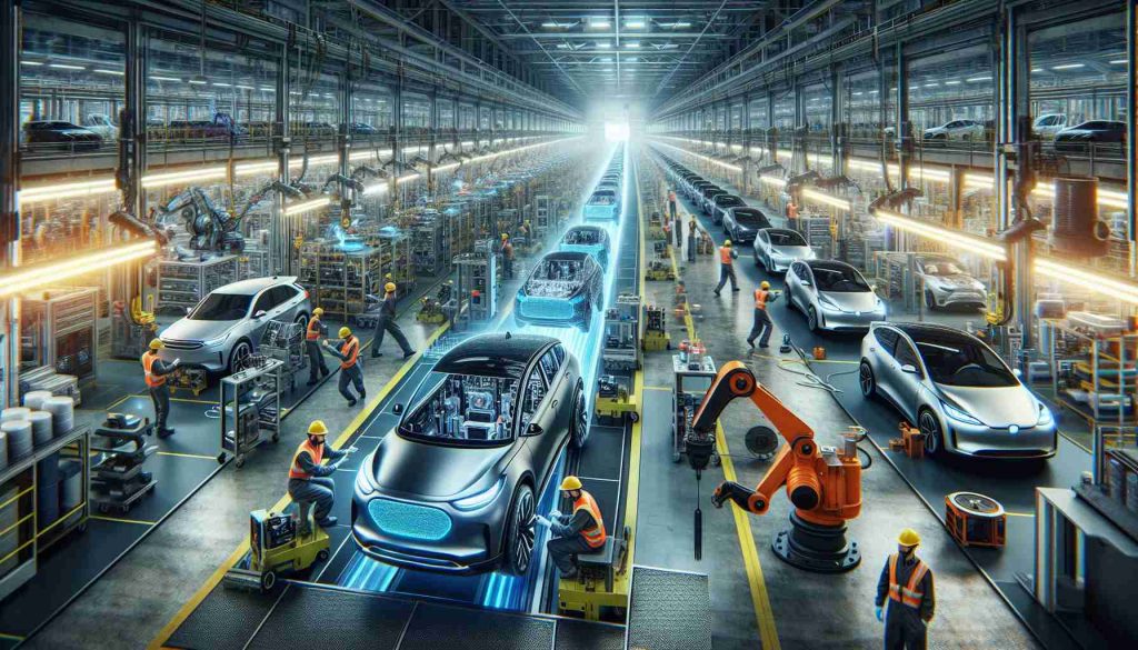 An ultra-high definition image showcasing a transformative scenario in the automotive industry, with the focus being on the shift towards electric vehicles. The scene depicts large industrial spaces filled with assembly lines, where conventional fuel-powered cars are being manufactured. Gradually, these are replaced by sleek, modern, energy-efficient cars representing the future of the industry. Workers are seen busily engaged in the process, amongst them a Caucasian man, a South Asian woman, a Black female, and a Hispanic male, all wearing safety gear and operating sophisticated machinery. Evidence of advanced technology, like large touch screens and robotic arms, pepper the scene, signaling the dawn of a new era.