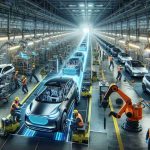 An ultra-high definition image showcasing a transformative scenario in the automotive industry, with the focus being on the shift towards electric vehicles. The scene depicts large industrial spaces filled with assembly lines, where conventional fuel-powered cars are being manufactured. Gradually, these are replaced by sleek, modern, energy-efficient cars representing the future of the industry. Workers are seen busily engaged in the process, amongst them a Caucasian man, a South Asian woman, a Black female, and a Hispanic male, all wearing safety gear and operating sophisticated machinery. Evidence of advanced technology, like large touch screens and robotic arms, pepper the scene, signaling the dawn of a new era.