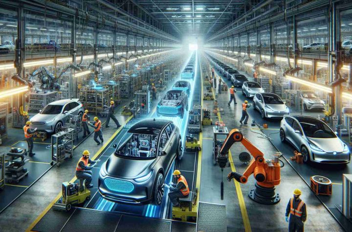 An ultra-high definition image showcasing a transformative scenario in the automotive industry, with the focus being on the shift towards electric vehicles. The scene depicts large industrial spaces filled with assembly lines, where conventional fuel-powered cars are being manufactured. Gradually, these are replaced by sleek, modern, energy-efficient cars representing the future of the industry. Workers are seen busily engaged in the process, amongst them a Caucasian man, a South Asian woman, a Black female, and a Hispanic male, all wearing safety gear and operating sophisticated machinery. Evidence of advanced technology, like large touch screens and robotic arms, pepper the scene, signaling the dawn of a new era.