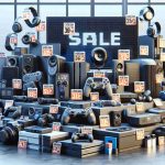 High-definition, realistic image illustrating a Cyber Monday sale scene. Showcasing an array of must-have technology gadgets arranged artistically, each marked with typical sales labels or discount tags to suggest a significant price drop. Some of these gadgets may include gaming consoles, smart home devices, headphones, laptops, cameras, and more. The setting should be a clean, modern storefront, perhaps with a digital calendar or clock in the background indicating it's Cyber Monday.