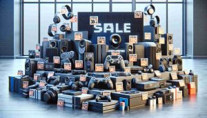 High-definition, realistic image illustrating a Cyber Monday sale scene. Showcasing an array of must-have technology gadgets arranged artistically, each marked with typical sales labels or discount tags to suggest a significant price drop. Some of these gadgets may include gaming consoles, smart home devices, headphones, laptops, cameras, and more. The setting should be a clean, modern storefront, perhaps with a digital calendar or clock in the background indicating it's Cyber Monday.