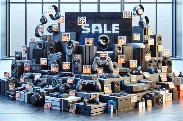 High-definition, realistic image illustrating a Cyber Monday sale scene. Showcasing an array of must-have technology gadgets arranged artistically, each marked with typical sales labels or discount tags to suggest a significant price drop. Some of these gadgets may include gaming consoles, smart home devices, headphones, laptops, cameras, and more. The setting should be a clean, modern storefront, perhaps with a digital calendar or clock in the background indicating it's Cyber Monday.