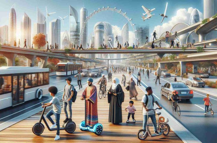 Generate an ultra high-definition, realistic image showcasing the concept of discovering freedom in the context of eco-friendly urban mobility. This includes a busy cityscape with well-developed infrastructure, pedestrians, and various means of sustainable transportation. Ideally, depict different age groups and occupations using these modes of transportation. There should be a Caucasian man on a hoverboard, a Middle Eastern woman in traditional attire on an electric scooter, a Hispanic boy on a bicycle, a Black woman using an electric car, and a South Asian man riding an ebike.