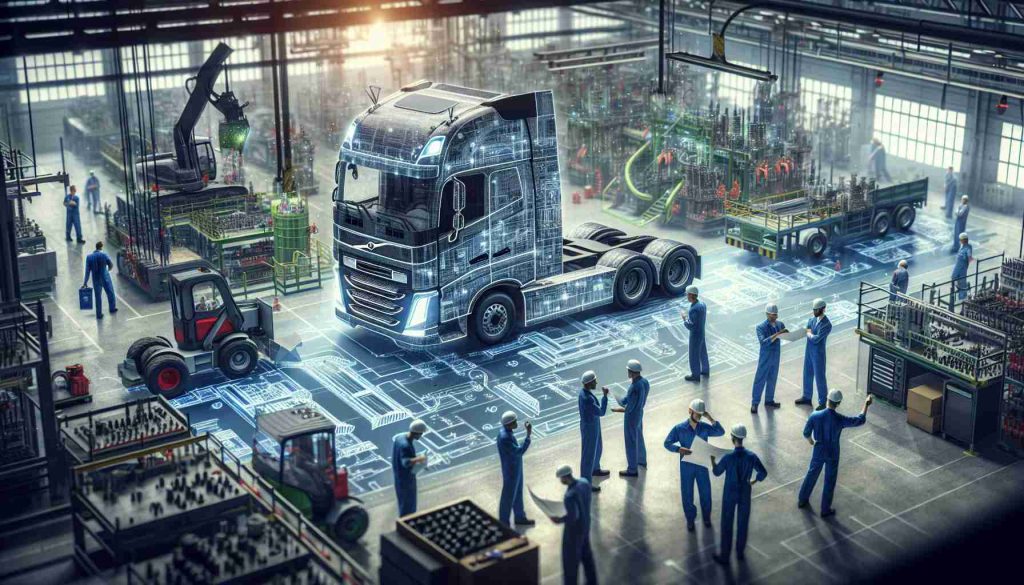 A high-definition, realistic image representing the struggles faced by manufacturers of heavy-duty trucks as they transition towards producing electric vehicles. Display a factory setting, with workers, of mixed genders and various descents, conferring over blueprints for a new electric truck model. Touch upon the intricate details of retrofitting traditional assembly lines to accommodate new electrification standards. Highlight solutions like battery placement, wiring and drive-train modifications. Subtly show the progress being made, perhaps by laying glimpses of a shiny new electric truck being assembled amidst the hustle and bustle of the dynamic manufacturing unit.