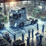 A high-definition, realistic image representing the struggles faced by manufacturers of heavy-duty trucks as they transition towards producing electric vehicles. Display a factory setting, with workers, of mixed genders and various descents, conferring over blueprints for a new electric truck model. Touch upon the intricate details of retrofitting traditional assembly lines to accommodate new electrification standards. Highlight solutions like battery placement, wiring and drive-train modifications. Subtly show the progress being made, perhaps by laying glimpses of a shiny new electric truck being assembled amidst the hustle and bustle of the dynamic manufacturing unit.