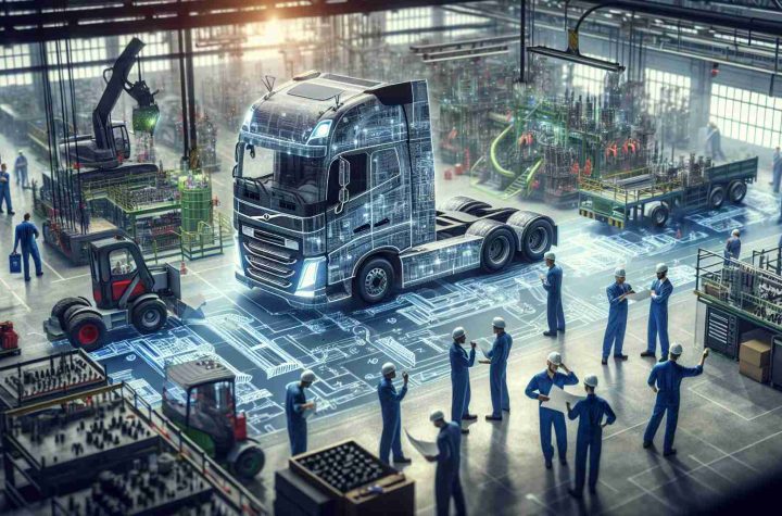 A high-definition, realistic image representing the struggles faced by manufacturers of heavy-duty trucks as they transition towards producing electric vehicles. Display a factory setting, with workers, of mixed genders and various descents, conferring over blueprints for a new electric truck model. Touch upon the intricate details of retrofitting traditional assembly lines to accommodate new electrification standards. Highlight solutions like battery placement, wiring and drive-train modifications. Subtly show the progress being made, perhaps by laying glimpses of a shiny new electric truck being assembled amidst the hustle and bustle of the dynamic manufacturing unit.