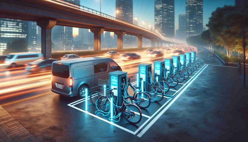 Image of a high-definition, hyper-realistic new Electric Bike charging network, which is set up in an urban environment. This innovative network system is designed to revolutionize deliveries, showcasing charging docks lined up neatly with numerous e-bikes plugged in. The background displays the hustle and bustle of the city, emphasizing the efficiency and convenience the system brings to urban deliveries. The time is dusk; the city's evening lights animate the scene with an energy-efficient glow emanating from the charging network.