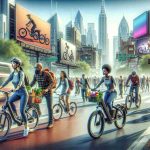 Generate a high-definition realistic image showcasing the increasing trend of e-bikes in urban areas. Picture a bustling cityscape with skyscrapers and busy streets, where diverse crowds of people are seen using electric bicycles for transportation. A Caucasian woman is riding an e-bike carrying groceries, while an African-American man, equipped with a helmet, is commuting on his e-bike to work. In the backdrop, billboard signs advertising various e-bikes models can be noticed. The image should illustrate the integration of e-bikes into daily commuter life in a metropolis.