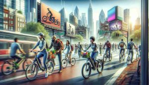 Generate a high-definition realistic image showcasing the increasing trend of e-bikes in urban areas. Picture a bustling cityscape with skyscrapers and busy streets, where diverse crowds of people are seen using electric bicycles for transportation. A Caucasian woman is riding an e-bike carrying groceries, while an African-American man, equipped with a helmet, is commuting on his e-bike to work. In the backdrop, billboard signs advertising various e-bikes models can be noticed. The image should illustrate the integration of e-bikes into daily commuter life in a metropolis.