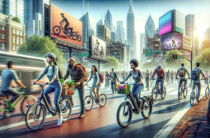 Generate a high-definition realistic image showcasing the increasing trend of e-bikes in urban areas. Picture a bustling cityscape with skyscrapers and busy streets, where diverse crowds of people are seen using electric bicycles for transportation. A Caucasian woman is riding an e-bike carrying groceries, while an African-American man, equipped with a helmet, is commuting on his e-bike to work. In the backdrop, billboard signs advertising various e-bikes models can be noticed. The image should illustrate the integration of e-bikes into daily commuter life in a metropolis.