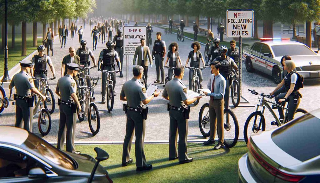 A realistic, high-definition image capturing a scene where new regulations are being enforced on high-speed electric bikes. There are law enforcement officials in uniform explaining new rules to a diverse group of e-bike riders of different genders and descents. The scene is set in an urban park with trees and buildings in the background. There are signs and posters detailing the new regulations visible in the picture. Some e-bikes can be seen parked on a bike rack nearby.