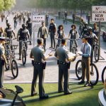 A realistic, high-definition image capturing a scene where new regulations are being enforced on high-speed electric bikes. There are law enforcement officials in uniform explaining new rules to a diverse group of e-bike riders of different genders and descents. The scene is set in an urban park with trees and buildings in the background. There are signs and posters detailing the new regulations visible in the picture. Some e-bikes can be seen parked on a bike rack nearby.