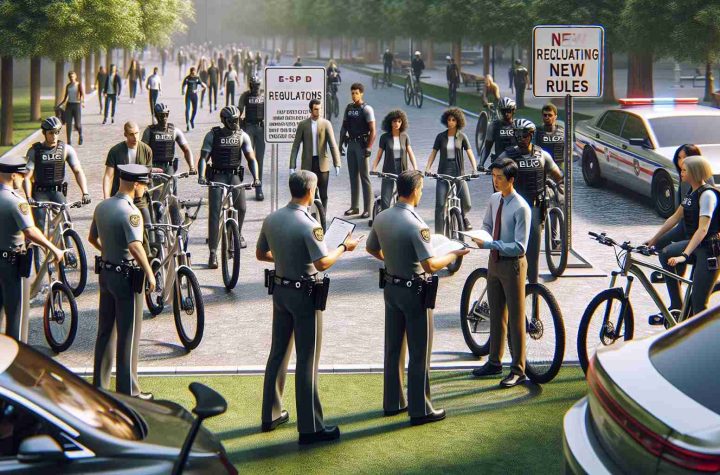 A realistic, high-definition image capturing a scene where new regulations are being enforced on high-speed electric bikes. There are law enforcement officials in uniform explaining new rules to a diverse group of e-bike riders of different genders and descents. The scene is set in an urban park with trees and buildings in the background. There are signs and posters detailing the new regulations visible in the picture. Some e-bikes can be seen parked on a bike rack nearby.