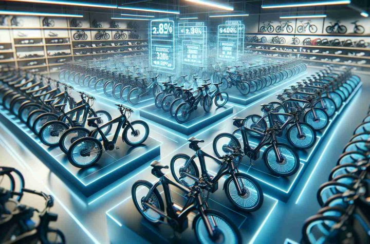 Generate a high-definition realistic image featuring a massive sale on revolutionary electric bicycles at a store. The image showcases rows of advanced e-bikes with futuristic designs, indicating discounted prices. Create an atmosphere of excitement and anticipation as potential customers admire the collection of sleek, modern electric bikes at significantly reduced prices.