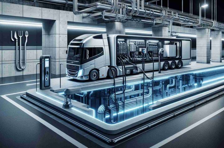 A high-definition, realistic image of a cutting-edge charging solution specifically designed for electric trucks. This innovation is part of a revolutionary underground system. The image emphasis should be on the intricate design details of the charging outlet, the ultra-modern composition of the underground structure, and an electric truck in the process of being charged. Attention should be given to the advanced technology at play, demonstrating seamless integration within the urban environment.