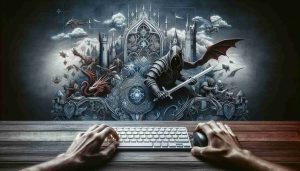 A highly detailed and realistic image of a person engaged in strategic gameplay, using a typical computer keyboard and mouse. Surrounding them are the design elements inspired by classic medieval fantasy video games, such as castles, warriors, and mythical creatures. The atmosphere of the image should reflect the intense focus the player has on their game. Please exclude any features directly mentioning or resembling Warcraft to honor copyright guidelines.