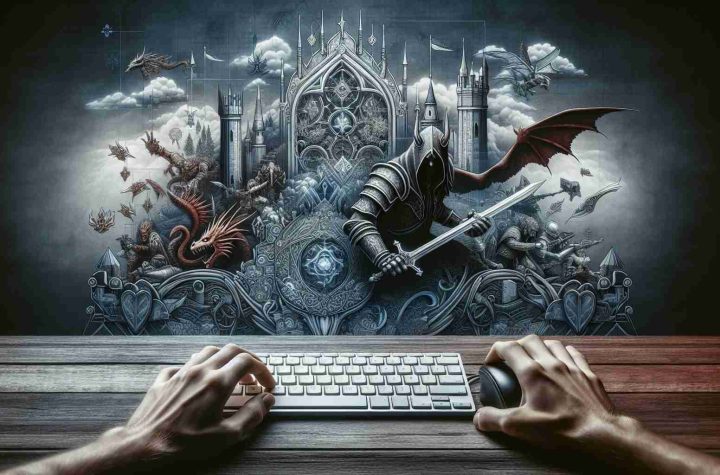 A highly detailed and realistic image of a person engaged in strategic gameplay, using a typical computer keyboard and mouse. Surrounding them are the design elements inspired by classic medieval fantasy video games, such as castles, warriors, and mythical creatures. The atmosphere of the image should reflect the intense focus the player has on their game. Please exclude any features directly mentioning or resembling Warcraft to honor copyright guidelines.