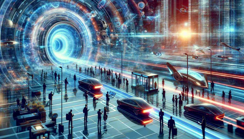 Imagine a detailed, high-definition image that encapsulates the concept of revolutionizing travel through quantum technologies. It might portray futuristic transportation devices, such as sleek, quantum-powered vehicles or teleportation portals, all accentuated by a strikingly modern, high-tech atmosphere. Maybe there are people checking their quantum-based travel apps, standing by for teleportation or boarding quantum-driven vehicles. The surroundings are filled with technological advancements such as quantum computers and high-speed quantum internet access points. The scene pulses with vibrant colors, indicative of the quantum energy that powers this imagery.