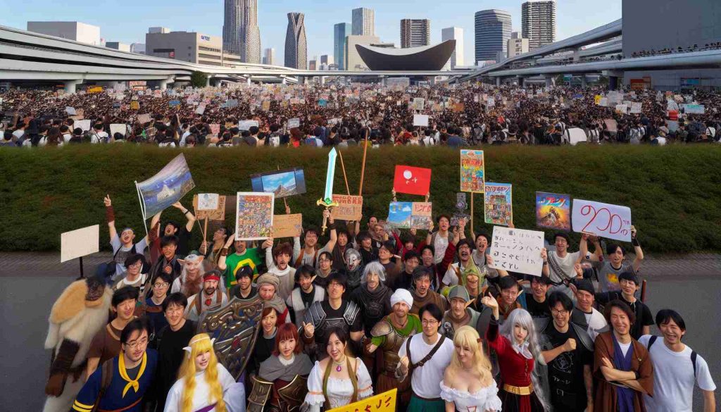 An HD photo of a fan celebration for a popular fantasy-adventure video game series from the 1980s, taking place in Tokyo. The scene is bustling with energy and excitement. Fans of various descents such as Caucasian, Hispanic, Black, Middle-Eastern, South Asian, White, ages and genders are present, each showing their unique ways of appreciating the game. Some are dressed in homemade costumes emblematic of the game, others are holding handmade signs displaying their favorite game quotes, while others are engaged in enthusiastic conversations about the game lore. In the background, Tokyo's distinctive skyline serves as an impressive backdrop.