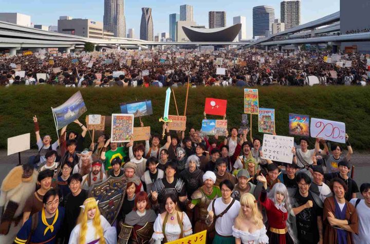 An HD photo of a fan celebration for a popular fantasy-adventure video game series from the 1980s, taking place in Tokyo. The scene is bustling with energy and excitement. Fans of various descents such as Caucasian, Hispanic, Black, Middle-Eastern, South Asian, White, ages and genders are present, each showing their unique ways of appreciating the game. Some are dressed in homemade costumes emblematic of the game, others are holding handmade signs displaying their favorite game quotes, while others are engaged in enthusiastic conversations about the game lore. In the background, Tokyo's distinctive skyline serves as an impressive backdrop.