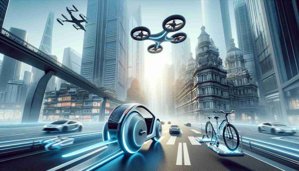 A high-definition, realistic image depicting an innovative approach to personal urban mobility. Imagine visually impressive designs of personal transport systems such as compact electric commuter vehicles, creative bicycle models, or advanced hoverboards navigating through the streets of a populous city with architectural wonders. The scene should showcase the integration of these unique mobility tools with the urban landscape, emphasizing sustainable transportation methods.