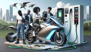 A high-definition, realistic image that portrays the revolutionary changes in the electric motorcycle industry. This scene might include innovative designs of electric bikes, cutting-edge technology that differentiate them from traditional fuel motorcycles, charging infrastructure represented by plug-in stations, and usage of sustainable materials. Furthermore, a variety of riders should be depicted, including a Black woman on a sleek, streamlined bike, a South Asian man inspecting a futuristic model, a Hispanic woman plugging her bike into a charging station, and a Middle-Eastern man examining the eco-friendly materials used in his bike.