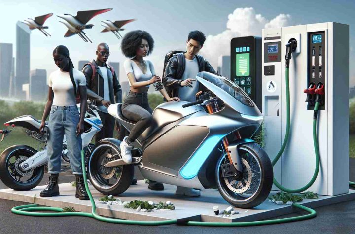 A high-definition, realistic image that portrays the revolutionary changes in the electric motorcycle industry. This scene might include innovative designs of electric bikes, cutting-edge technology that differentiate them from traditional fuel motorcycles, charging infrastructure represented by plug-in stations, and usage of sustainable materials. Furthermore, a variety of riders should be depicted, including a Black woman on a sleek, streamlined bike, a South Asian man inspecting a futuristic model, a Hispanic woman plugging her bike into a charging station, and a Middle-Eastern man examining the eco-friendly materials used in his bike.