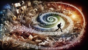 A detailed, high definition image capturing the journey of a fictive musician, traversing through diverse landscapes that allude to various cultural influences. This should include elements indicative of different musical traditions, such as diverse musical instruments, music notes swirling in the air, and depictions of various geographical and cultural settings. The imagined journey should convey continuous motion and evolution, suggesting the growth and development of the musician's artistic style over time.