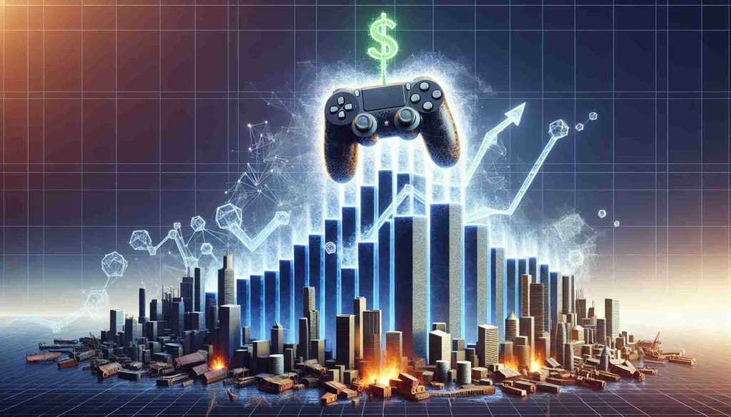 Generate a realistic and high definition image showing the concept of the video game industry thriving amidst challenges. This could include symbolic representations such as a video game console or controller towering over a scene of various economic fluctuations, demonstrating strength and progress.