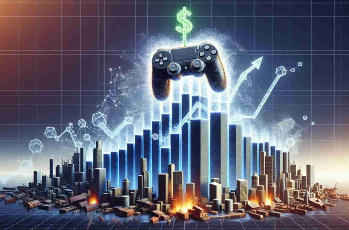 Generate a realistic and high definition image showing the concept of the video game industry thriving amidst challenges. This could include symbolic representations such as a video game console or controller towering over a scene of various economic fluctuations, demonstrating strength and progress.