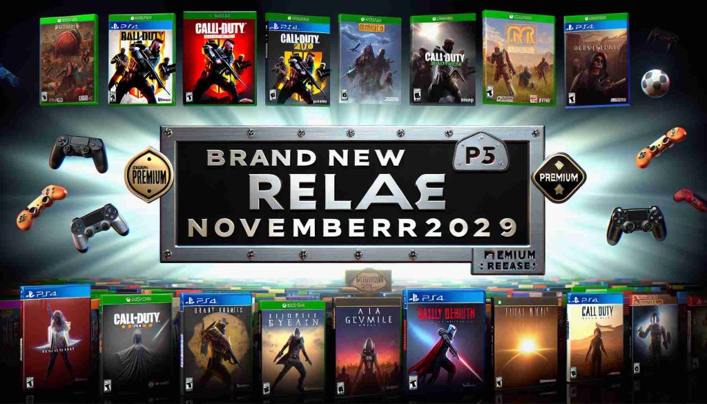 A high-definition, realistic image showcasing the brand new, thrilling array of games slated to come out for a popular video game subscription service in November 2024. The image should display an assortment of game covers or logos, evoking a sense of exhilaration and anticipation. Potential additional details can include: a bold-fonted header stating 'November 2024 Release', a metallic badge or marker indicating 'Premium', and possible neutrally designed symbols of the gaming platform (without infringing upon specific branding).