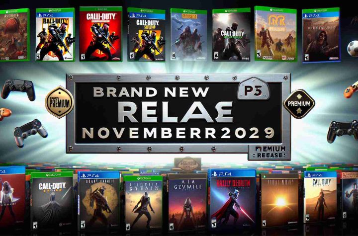 A high-definition, realistic image showcasing the brand new, thrilling array of games slated to come out for a popular video game subscription service in November 2024. The image should display an assortment of game covers or logos, evoking a sense of exhilaration and anticipation. Potential additional details can include: a bold-fonted header stating 'November 2024 Release', a metallic badge or marker indicating 'Premium', and possible neutrally designed symbols of the gaming platform (without infringing upon specific branding).