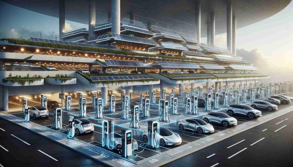 A realistic high-definition image showcasing a futuristic and revolutionizing electric vehicle charging infrastructure. The scene could include a multi-storey car park with multiple charging stations that are seamlessly integrated into the structure. There are a range of electric vehicles, varying in size and design, parked and charging. The station itself uses solar power, with vast arrays of solar panels on the rooftop and walls, and state-of-the-art charging towers connected via clean wiring. There are LED indicators displaying the charging status and digital screens providing real-time data metrics for each vehicle. The overall aesthetic combines functionality, sustainability, and futuristic design.