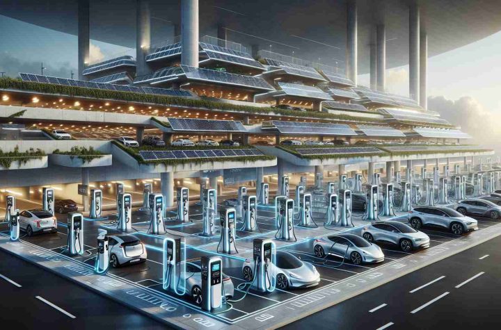 A realistic high-definition image showcasing a futuristic and revolutionizing electric vehicle charging infrastructure. The scene could include a multi-storey car park with multiple charging stations that are seamlessly integrated into the structure. There are a range of electric vehicles, varying in size and design, parked and charging. The station itself uses solar power, with vast arrays of solar panels on the rooftop and walls, and state-of-the-art charging towers connected via clean wiring. There are LED indicators displaying the charging status and digital screens providing real-time data metrics for each vehicle. The overall aesthetic combines functionality, sustainability, and futuristic design.